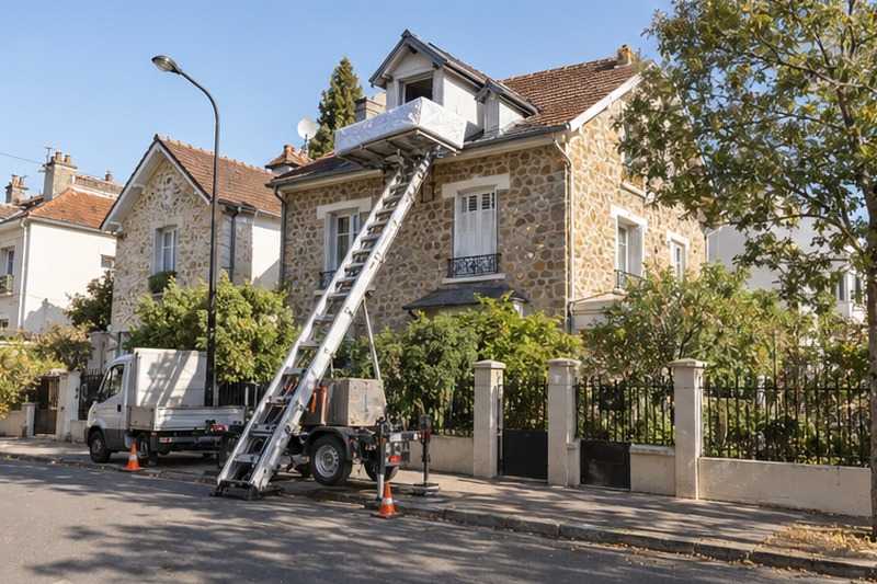Matelas sorti par une lucarne : chantier Rue de la Croix des Craies