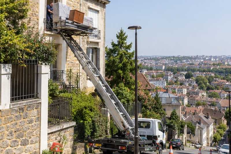 Monte-meubles sur une rue à flanc de coteau : chantier Rue Aimé et Eugénie Cotton