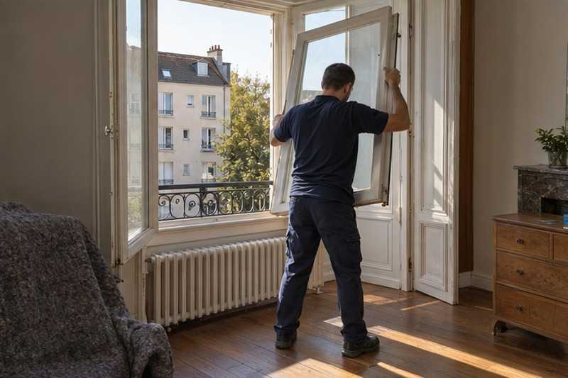 Ouvrant de fenêtre retiré pour le passage : chantier Rue Alfred de Musset