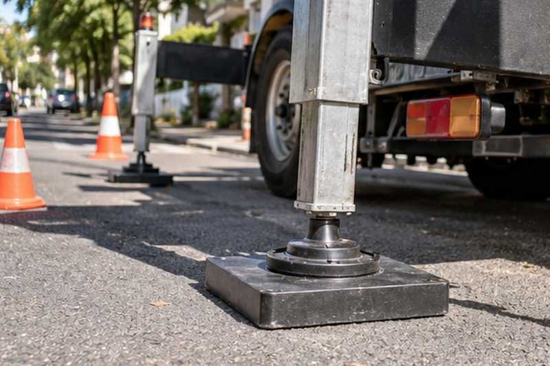 Stabilisateurs posés sur l’enrobé : chantier Rue Anatole France