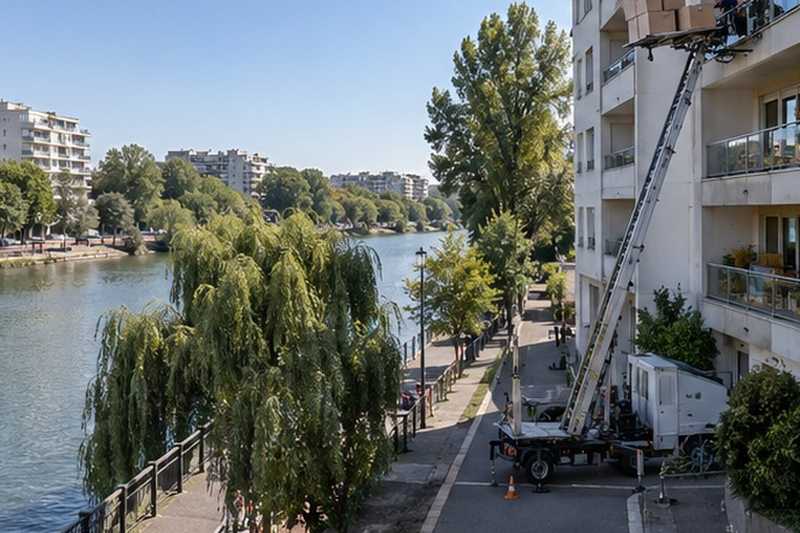 Monte-meubles face aux bords de Marne
