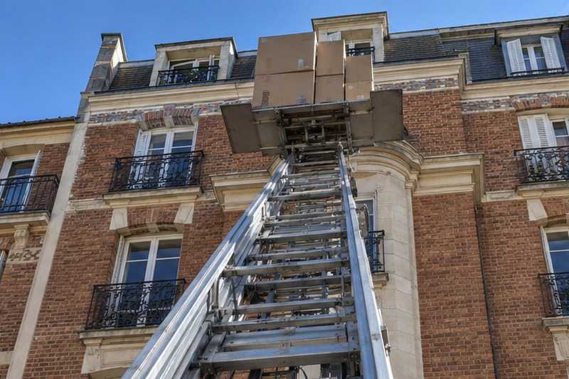 Échelle contre une façade en brique : chantier Rue Albert Meunier