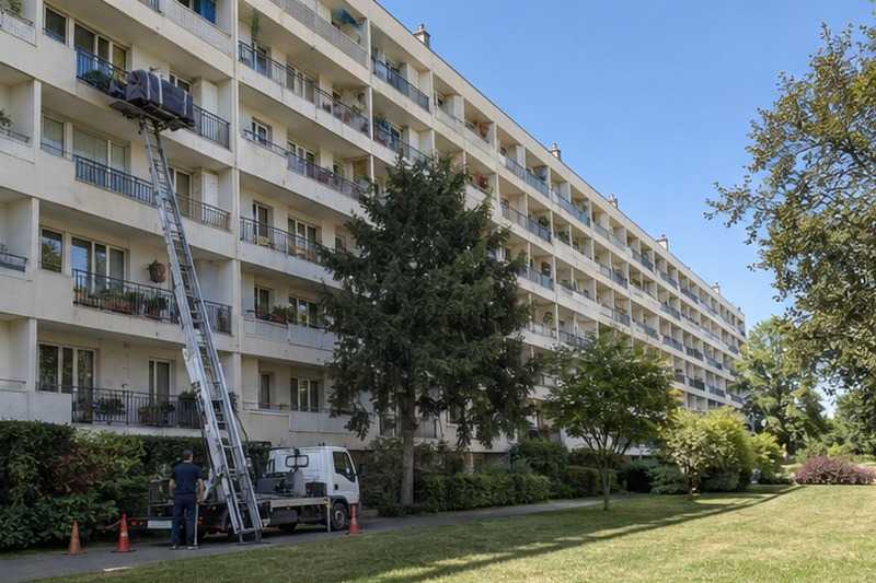 Canapé hissé le long d’une barre : chantier Rue Amédée Huon