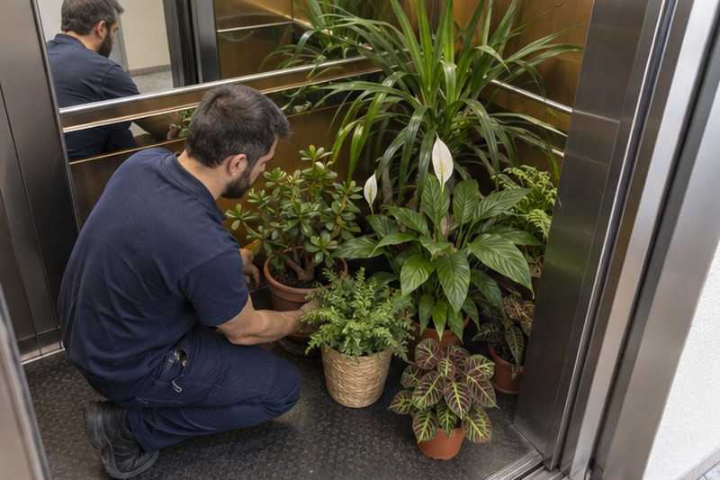 Plantes en pot dans l’ascenseur : chantier Avenue Béchéret