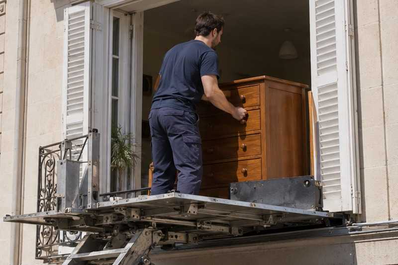 Commode passée par la porte-fenêtre : chantier Rue Albert Lecocq