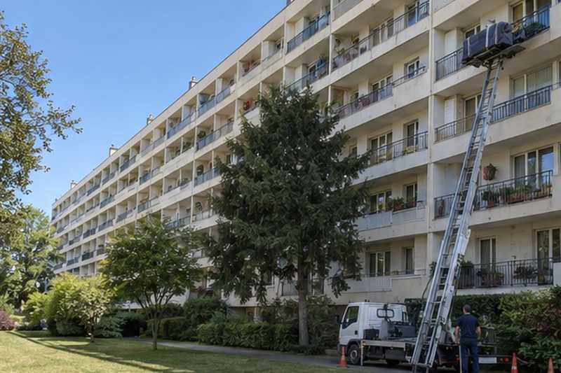 Canapé hissé le long d’une barre : chantier Rue Ampère