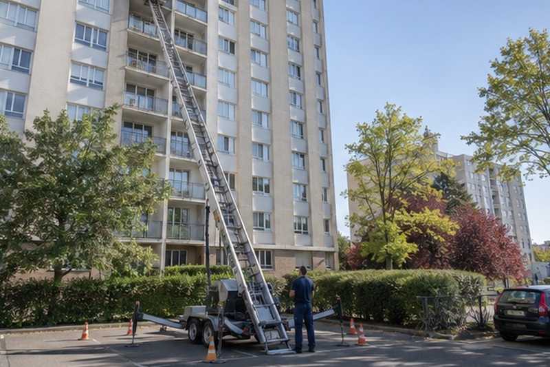 Monte-meubles sur remorque au pied d’une tour