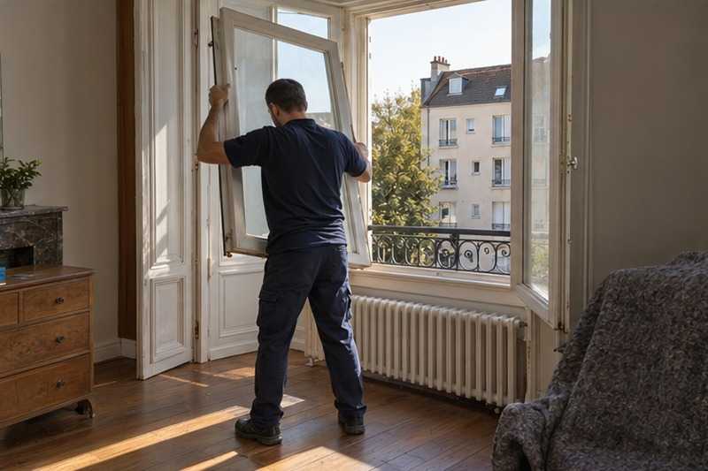 Ouvrant de fenêtre retiré pour le passage : chantier Rue Amédée Chenal
