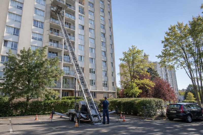 Monte-meubles sur remorque au pied d’une tour : chantier Rue Adam