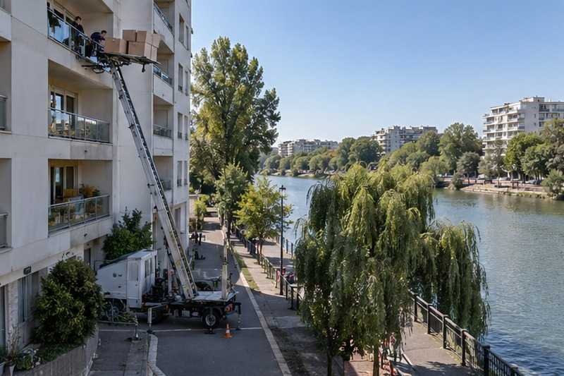 Monte-meubles face aux bords de Marne : chantier Rue Adrien Jacques