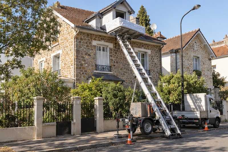 Matelas sorti par une lucarne : chantier Rue Albert