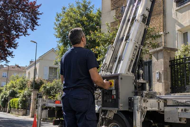 Commande du monte-meubles au pied de l’échelle : chantier Rue Alexandre Dumas
