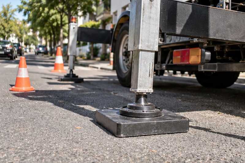 Stabilisateurs posés sur l’enrobé : chantier Rue Blanche Festeau