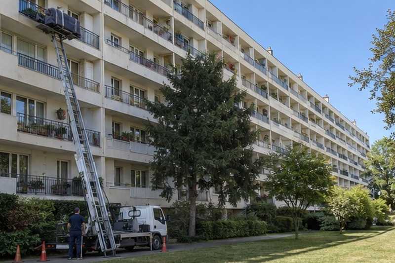 Canapé hissé le long d’une barre, Villejuif