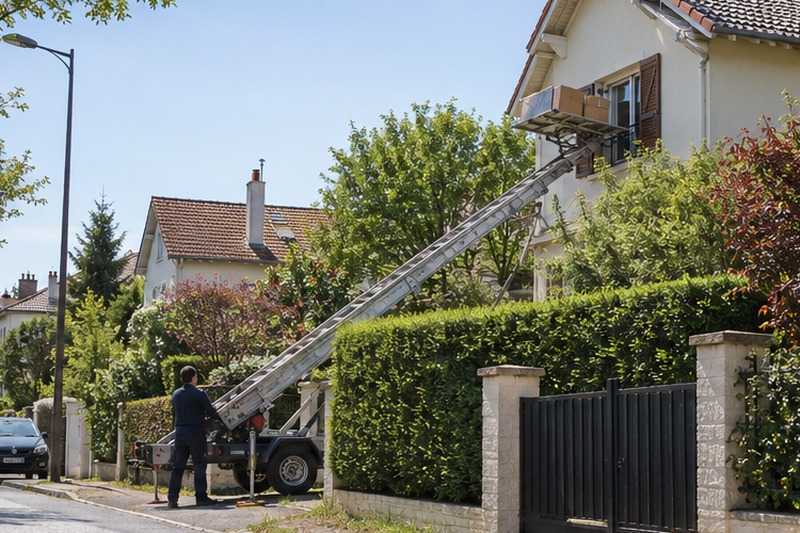 Échelle par-dessus la haie : chantier Rue Ambroise Croizat