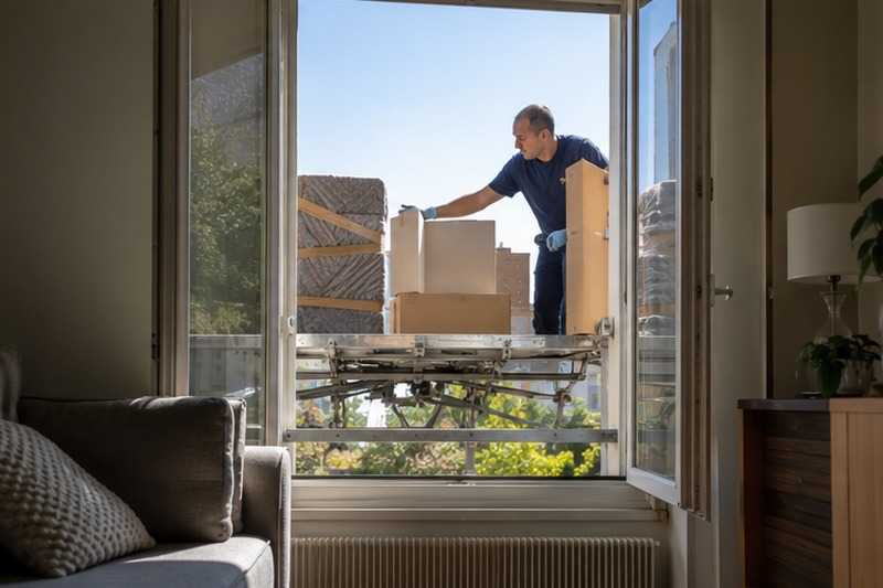 Plateau arrivé à la fenêtre du salon : chantier Rue Anatole France