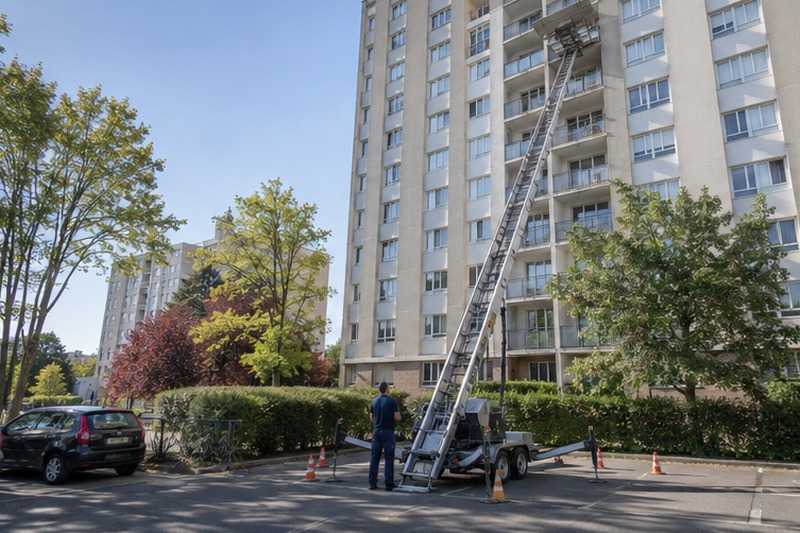 Monte-meubles sur remorque au pied d’une tour : chantier Rue André Bru