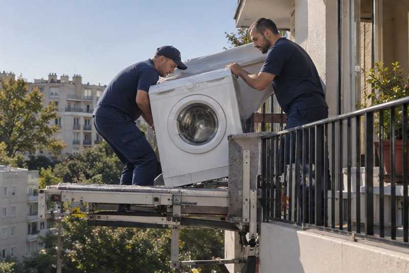 Lave-linge passé par-dessus la rambarde : chantier Rue André Robert