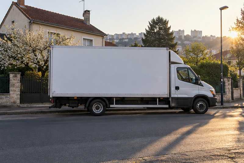 Camion blanc de profil au petit jour, Villeneuve-Saint-Georges