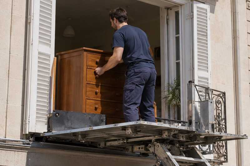 Commode passée par la porte-fenêtre : chantier Rue André Bretagne