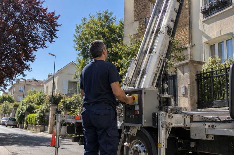 Commande du monte-meubles au pied de l’échelle : chantier Rue Alexandre III