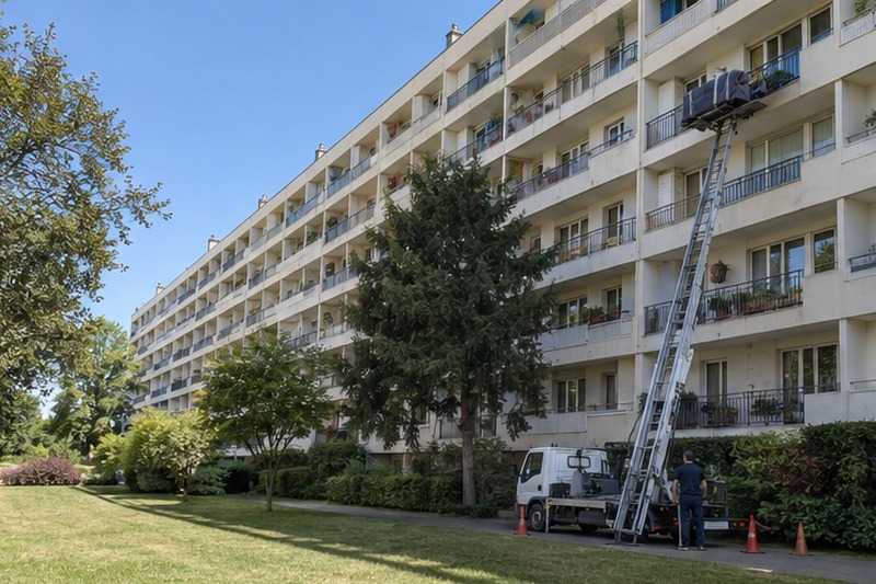 Canapé hissé le long d’une barre : chantier Rue Alexis Quirin