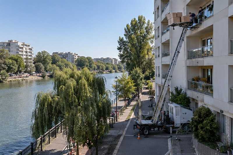 Monte-meubles face aux bords de Marne : chantier Rue Albert Einstein