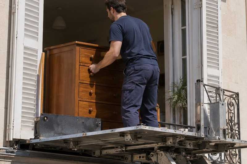 Commode passée par la porte-fenêtre : chantier Rue Ampère