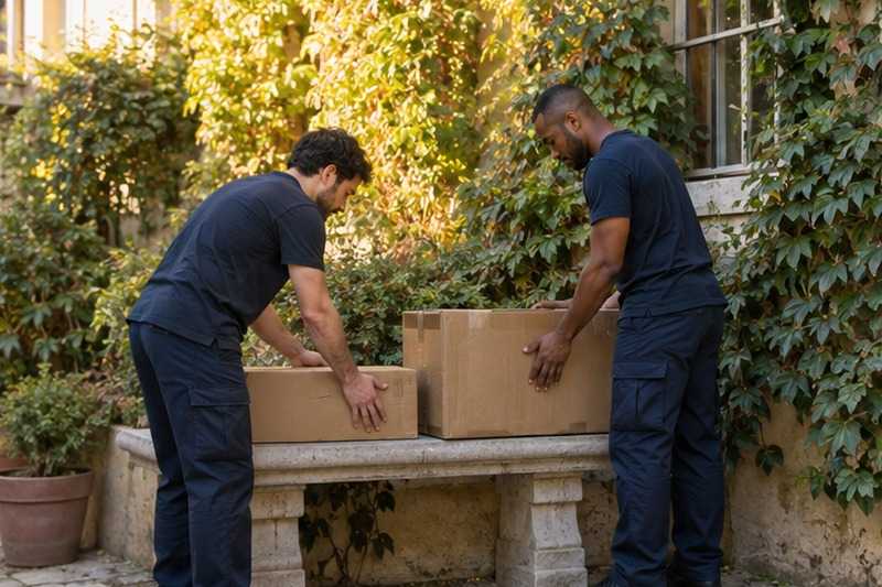 Cartons posés sur un banc de pierre : chantier Rue Arthur Dalidet