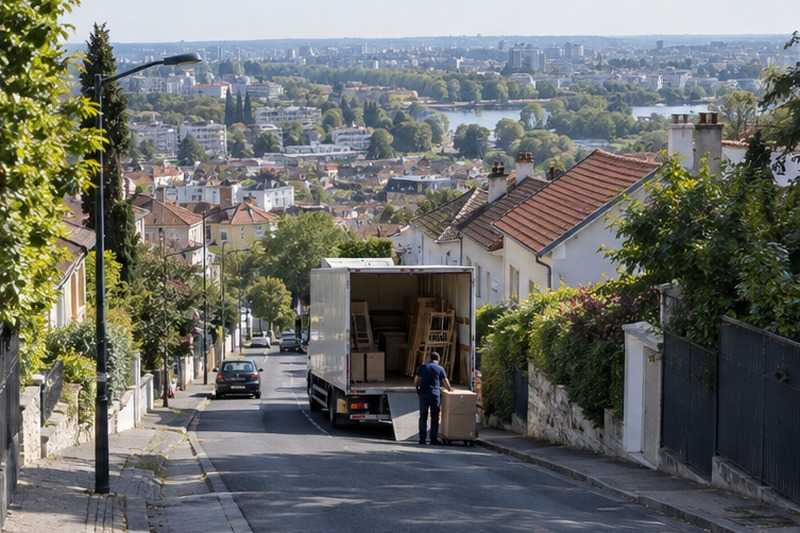 Camion à mi-côte vu du haut : chantier Rue Auguste Perret