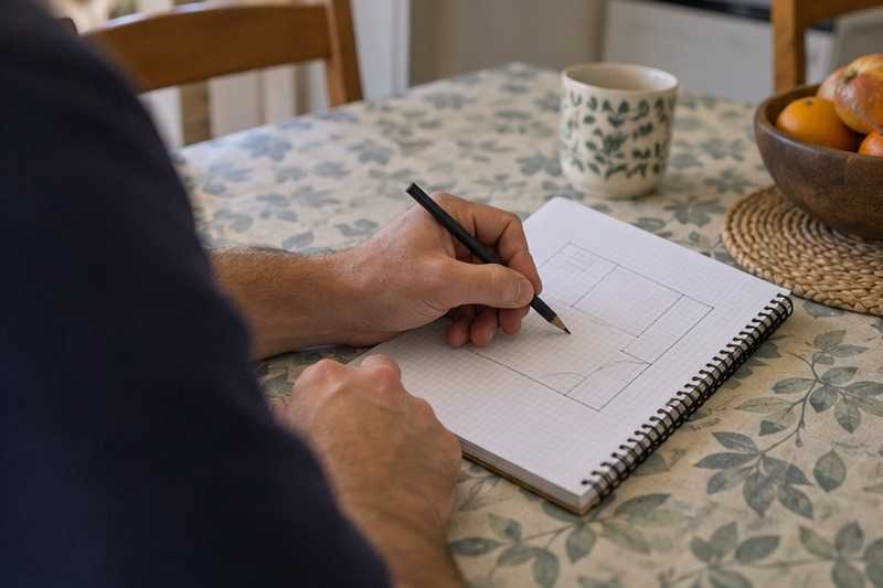 Croquis des pièces dans un carnet